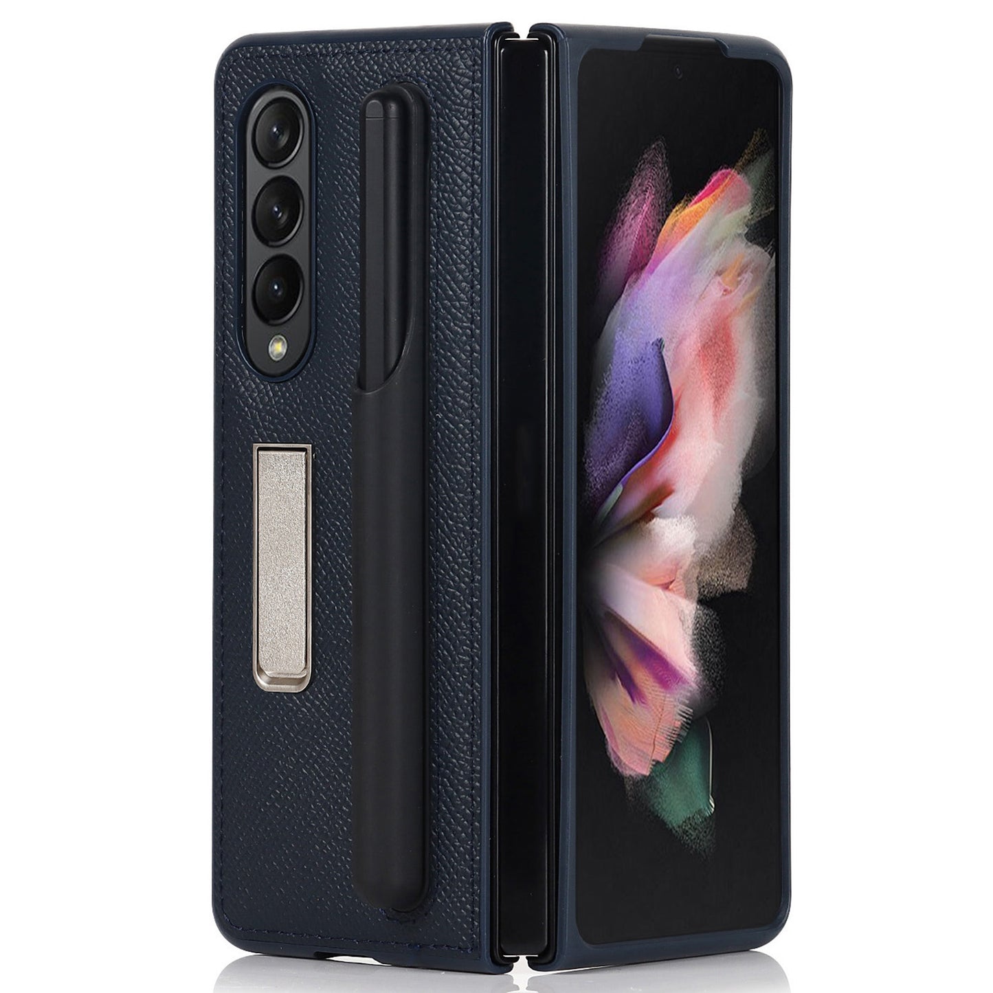 Palm Print Genuine Leather + PC Phone Case Kickstand Cover with Detachable Pen Slot for Samsung Galaxy Z Fold3 5G