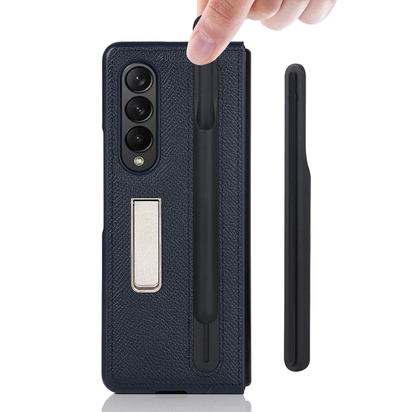 Palm Print Genuine Leather + PC Phone Case Kickstand Cover with Detachable Pen Slot for Samsung Galaxy Z Fold3 5G