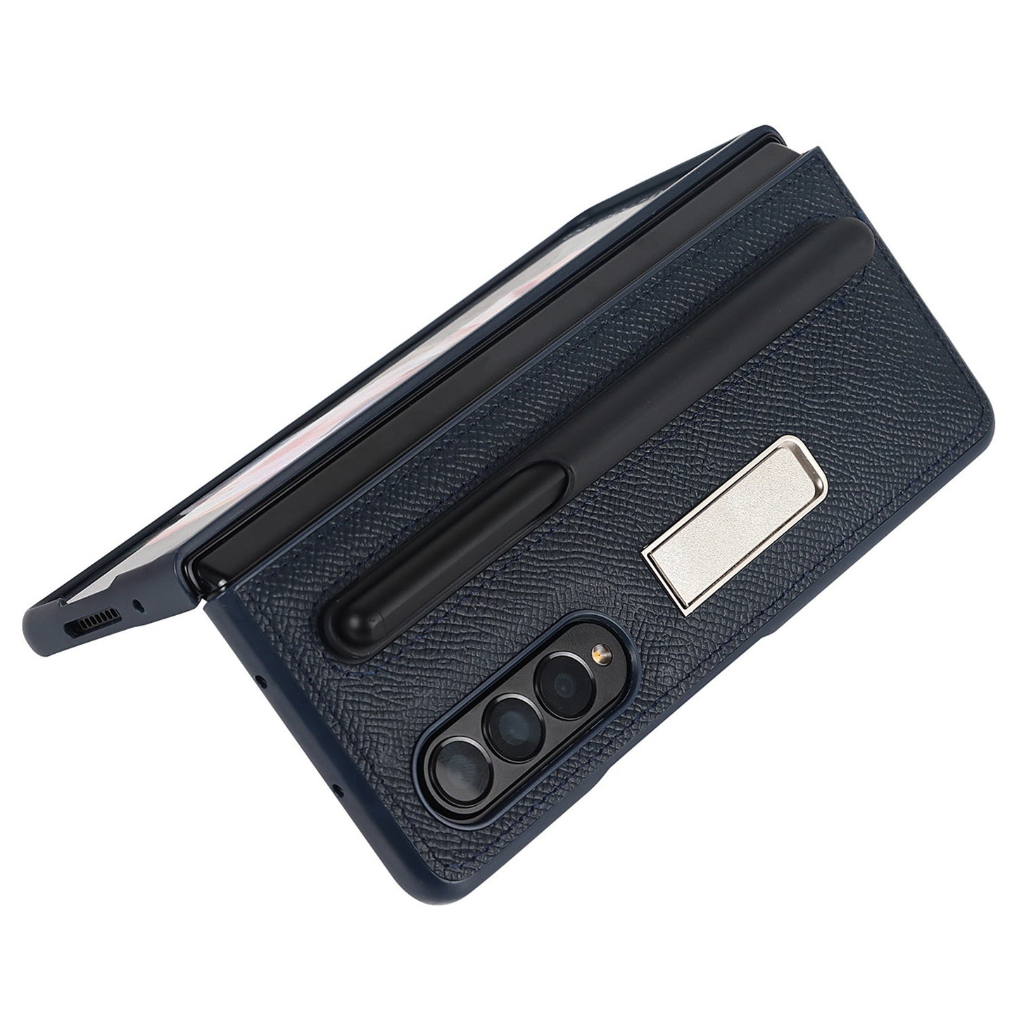 Palm Print Genuine Leather + PC Phone Case Kickstand Cover with Detachable Pen Slot for Samsung Galaxy Z Fold3 5G