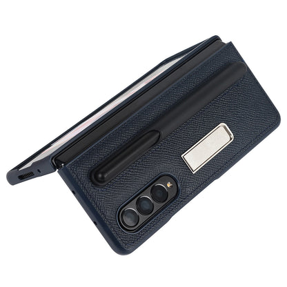 Palm Print Genuine Leather + PC Phone Case Kickstand Cover with Detachable Pen Slot for Samsung Galaxy Z Fold3 5G