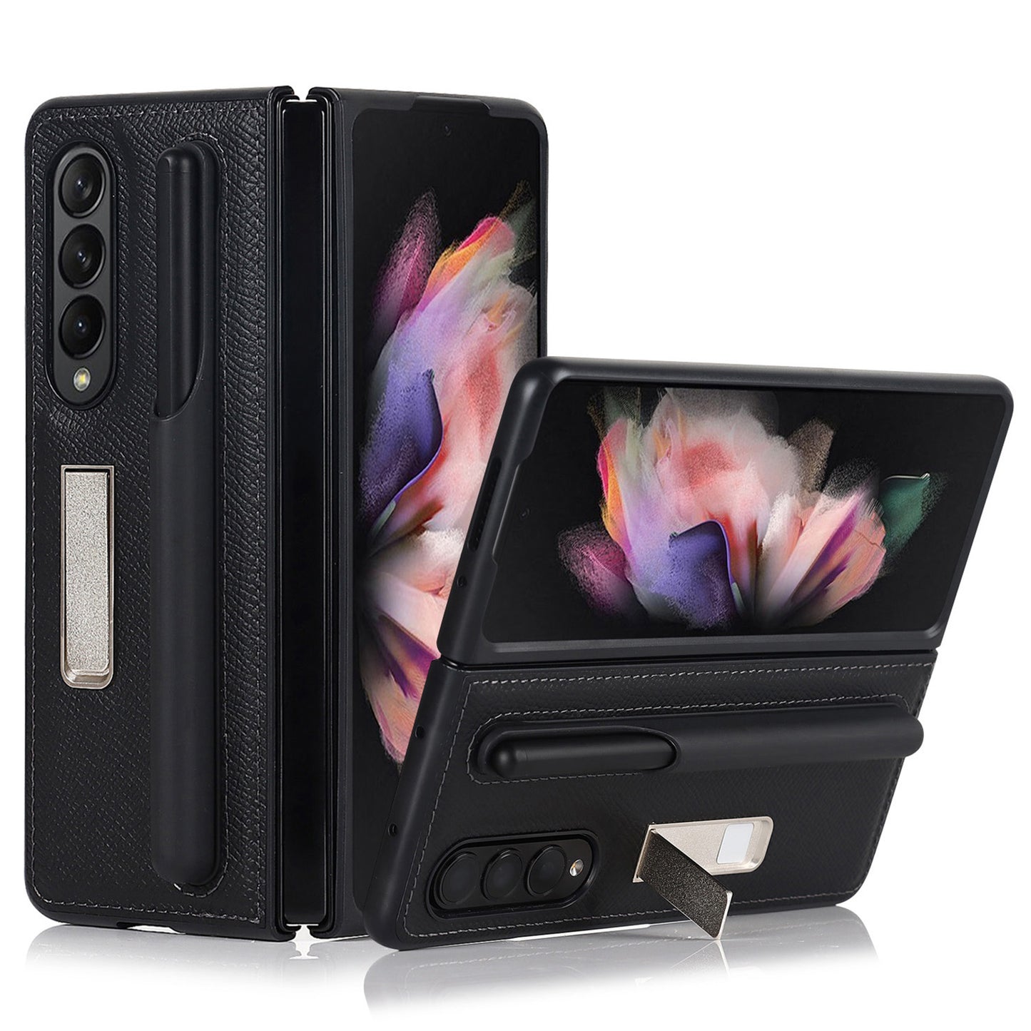 Palm Print Genuine Leather + PC Phone Case Kickstand Cover with Detachable Pen Slot for Samsung Galaxy Z Fold3 5G