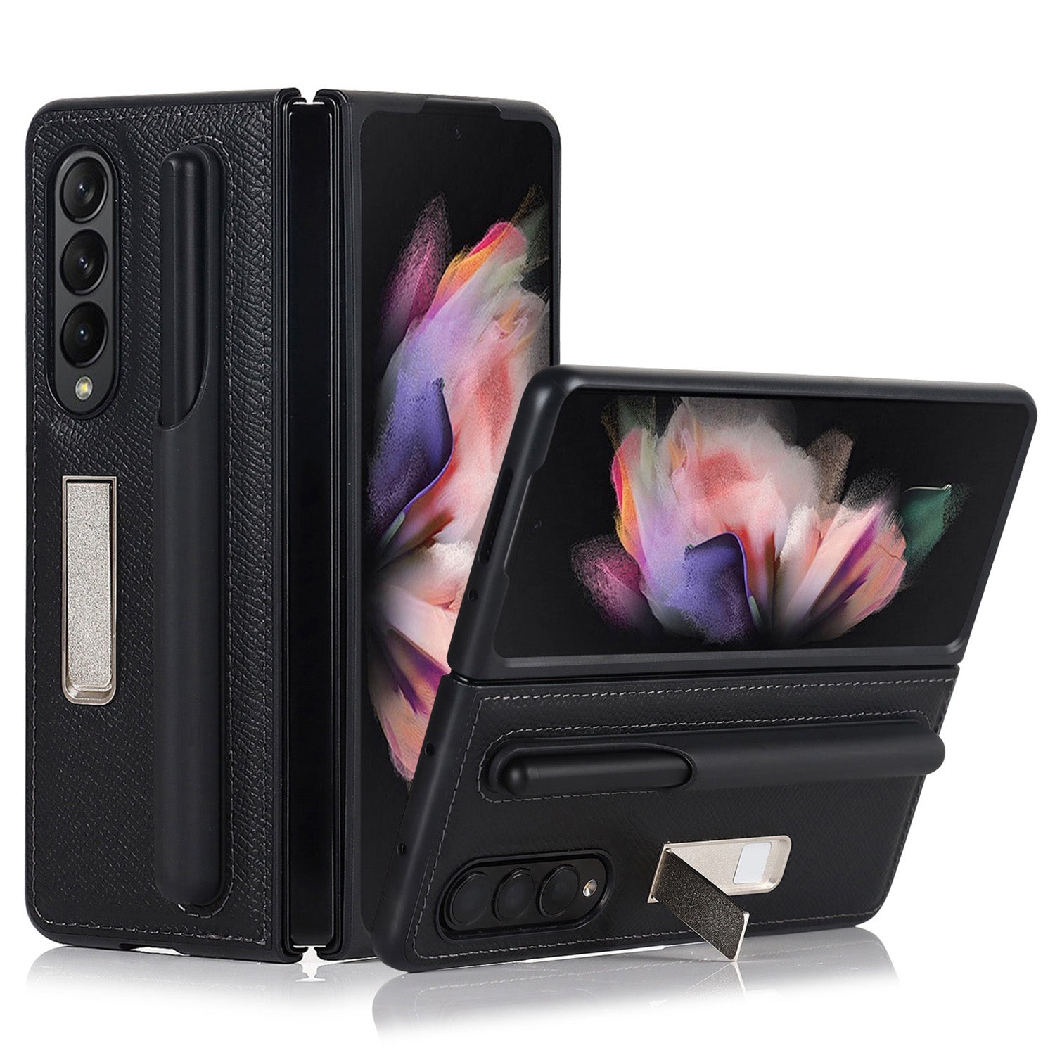 Palm Print Genuine Leather + PC Phone Case Kickstand Cover with Detachable Pen Slot for Samsung Galaxy Z Fold3 5G