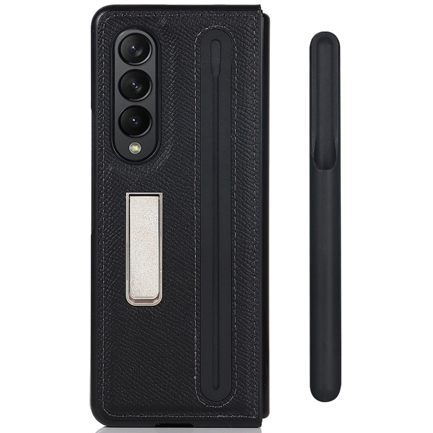 Palm Print Genuine Leather + PC Phone Case Kickstand Cover with Detachable Pen Slot for Samsung Galaxy Z Fold3 5G