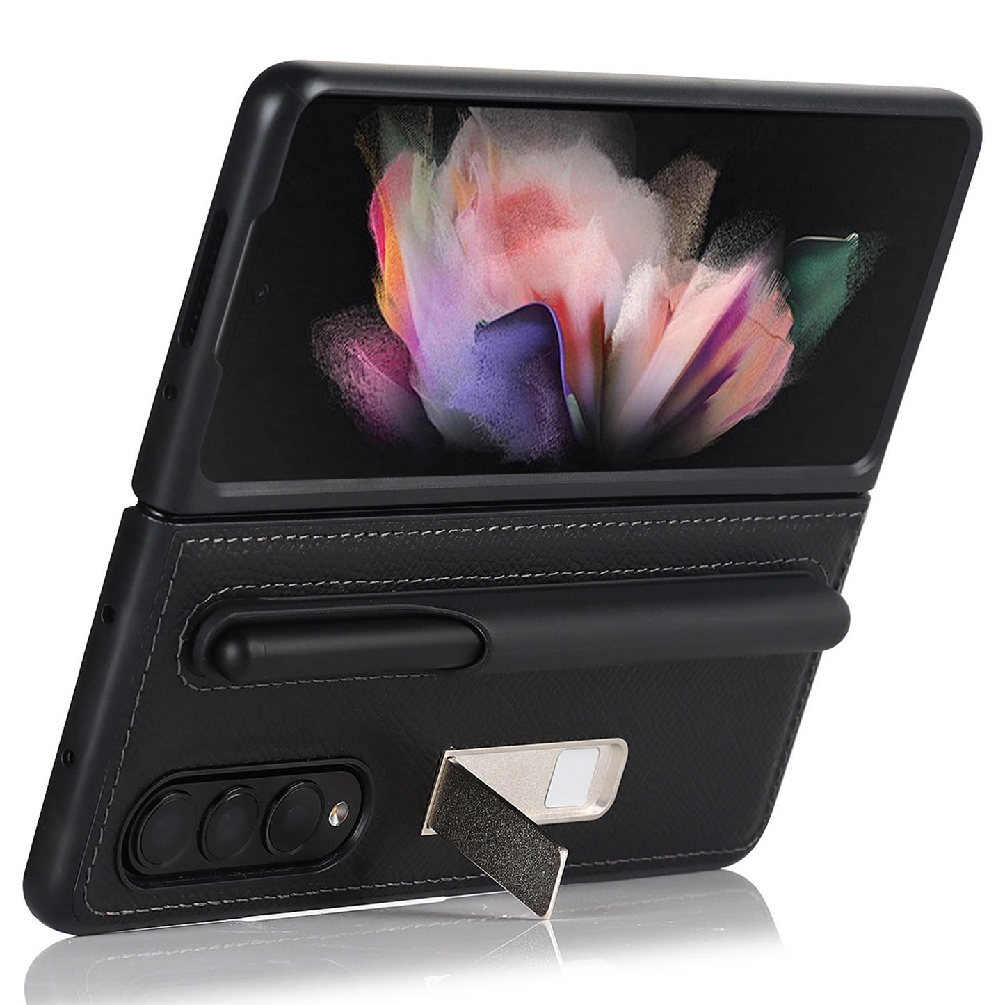 Palm Print Genuine Leather + PC Phone Case Kickstand Cover with Detachable Pen Slot for Samsung Galaxy Z Fold3 5G