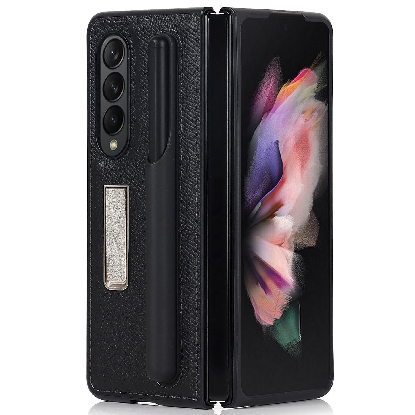 Palm Print Genuine Leather + PC Phone Case Kickstand Cover with Detachable Pen Slot for Samsung Galaxy Z Fold3 5G