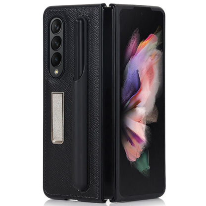 Palm Print Genuine Leather + PC Phone Case Kickstand Cover with Detachable Pen Slot for Samsung Galaxy Z Fold3 5G