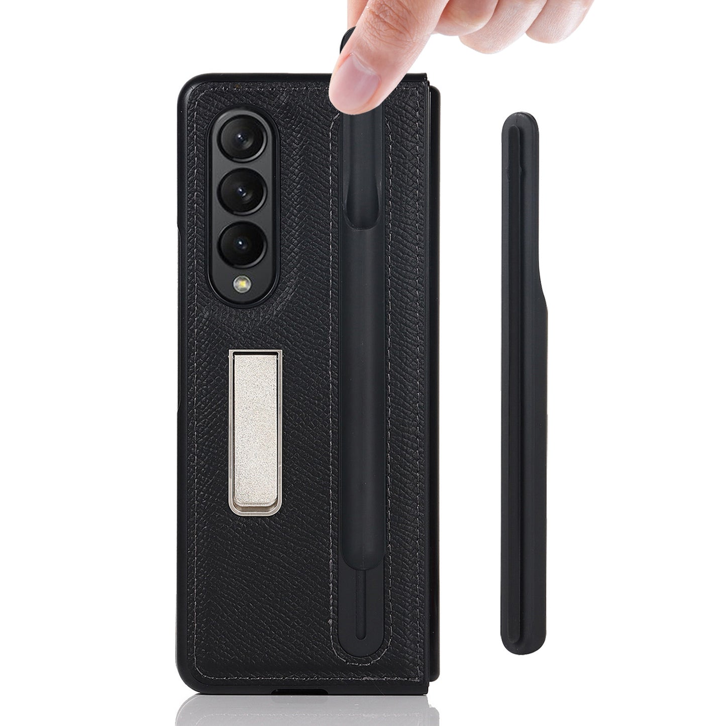 Palm Print Genuine Leather + PC Phone Case Kickstand Cover with Detachable Pen Slot for Samsung Galaxy Z Fold3 5G