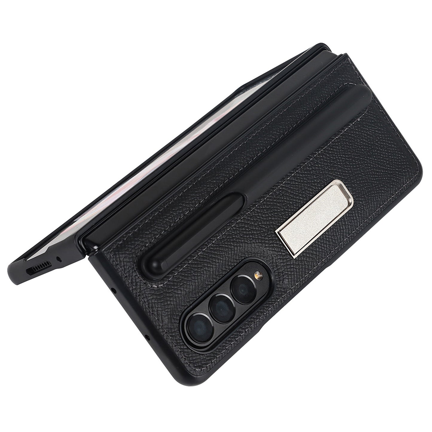 Palm Print Genuine Leather + PC Phone Case Kickstand Cover with Detachable Pen Slot for Samsung Galaxy Z Fold3 5G