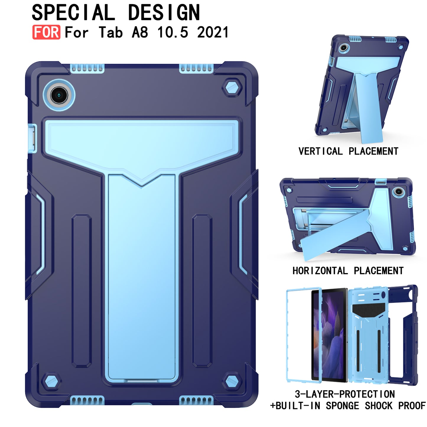 Foldable T-shaped Tablet Case with Kickstand PC Silicone Shockproof Protector Cover for Samsung Galaxy Tab A8 10.5 (2021)