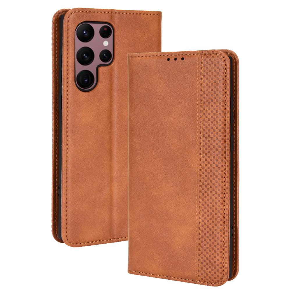 Retro Style Imprinted Leather Cover + TPU Inner Case Wallet Stand Phone Cover Cellphone Shell for Samsung Galaxy S22 Ultra 5G