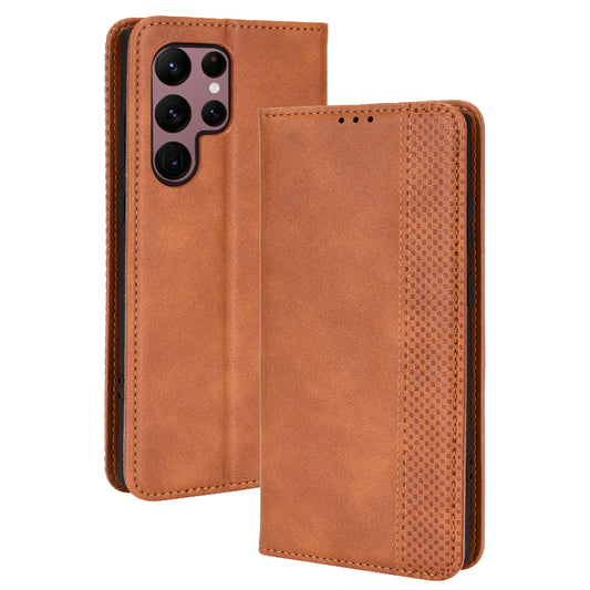Retro Style Imprinted Leather Cover + TPU Inner Case Wallet Stand Phone Cover Cellphone Shell for Samsung Galaxy S22 Ultra 5G