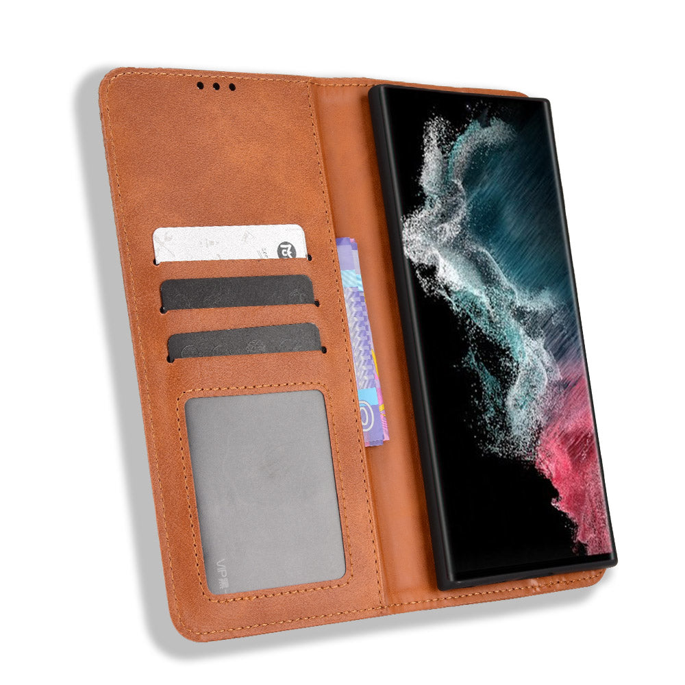 Retro Style Imprinted Leather Cover + TPU Inner Case Wallet Stand Phone Cover Cellphone Shell for Samsung Galaxy S22 Ultra 5G