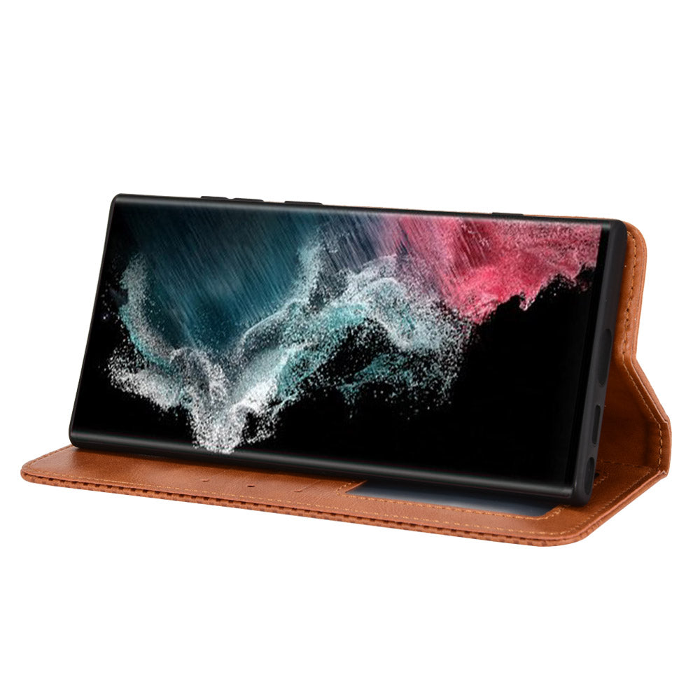Retro Style Imprinted Leather Cover + TPU Inner Case Wallet Stand Phone Cover Cellphone Shell for Samsung Galaxy S22 Ultra 5G