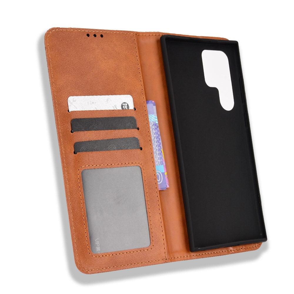 Retro Style Imprinted Leather Cover + TPU Inner Case Wallet Stand Phone Cover Cellphone Shell for Samsung Galaxy S22 Ultra 5G