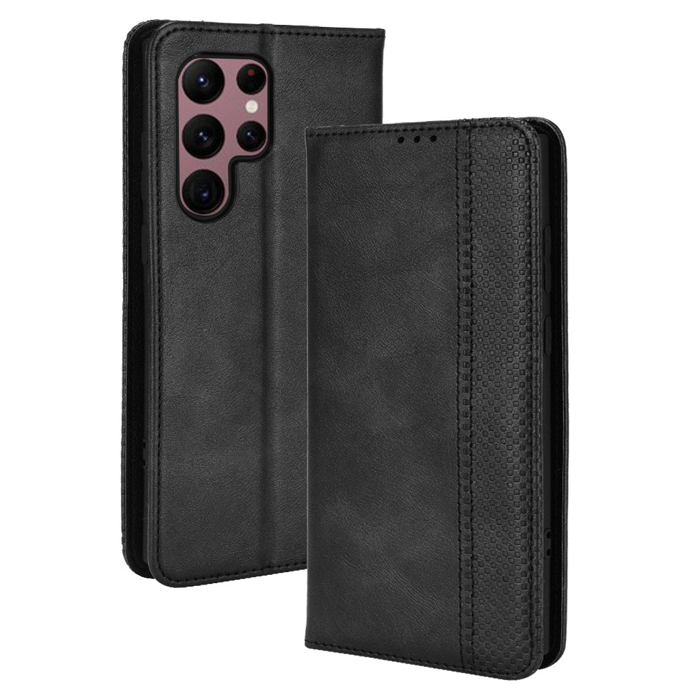 Retro Style Imprinted Leather Cover + TPU Inner Case Wallet Stand Phone Cover Cellphone Shell for Samsung Galaxy S22 Ultra 5G