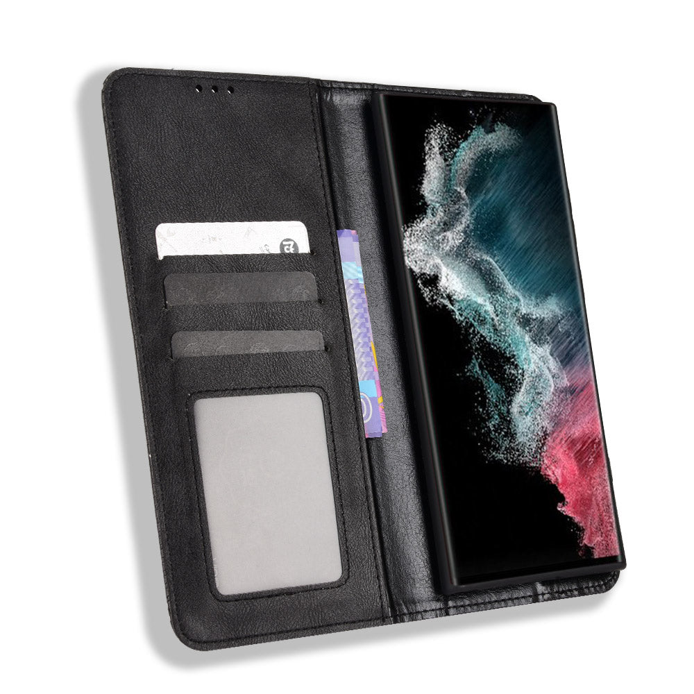 Retro Style Imprinted Leather Cover + TPU Inner Case Wallet Stand Phone Cover Cellphone Shell for Samsung Galaxy S22 Ultra 5G