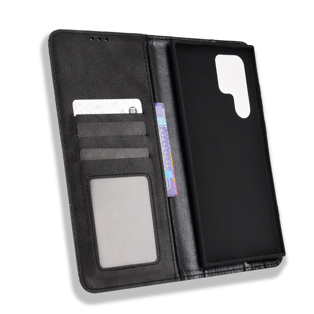 Retro Style Imprinted Leather Cover + TPU Inner Case Wallet Stand Phone Cover Cellphone Shell for Samsung Galaxy S22 Ultra 5G