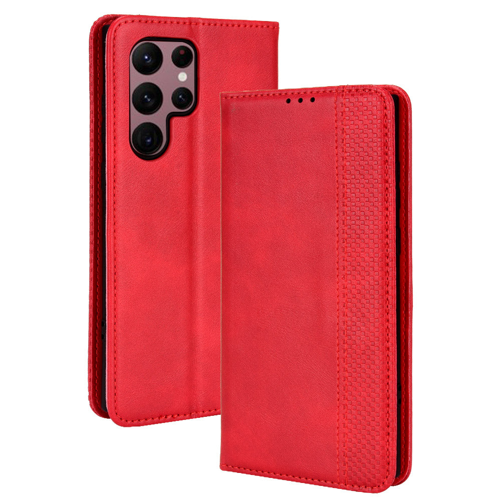 Retro Style Imprinted Leather Cover + TPU Inner Case Wallet Stand Phone Cover Cellphone Shell for Samsung Galaxy S22 Ultra 5G