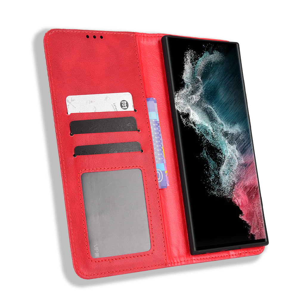 Retro Style Imprinted Leather Cover + TPU Inner Case Wallet Stand Phone Cover Cellphone Shell for Samsung Galaxy S22 Ultra 5G