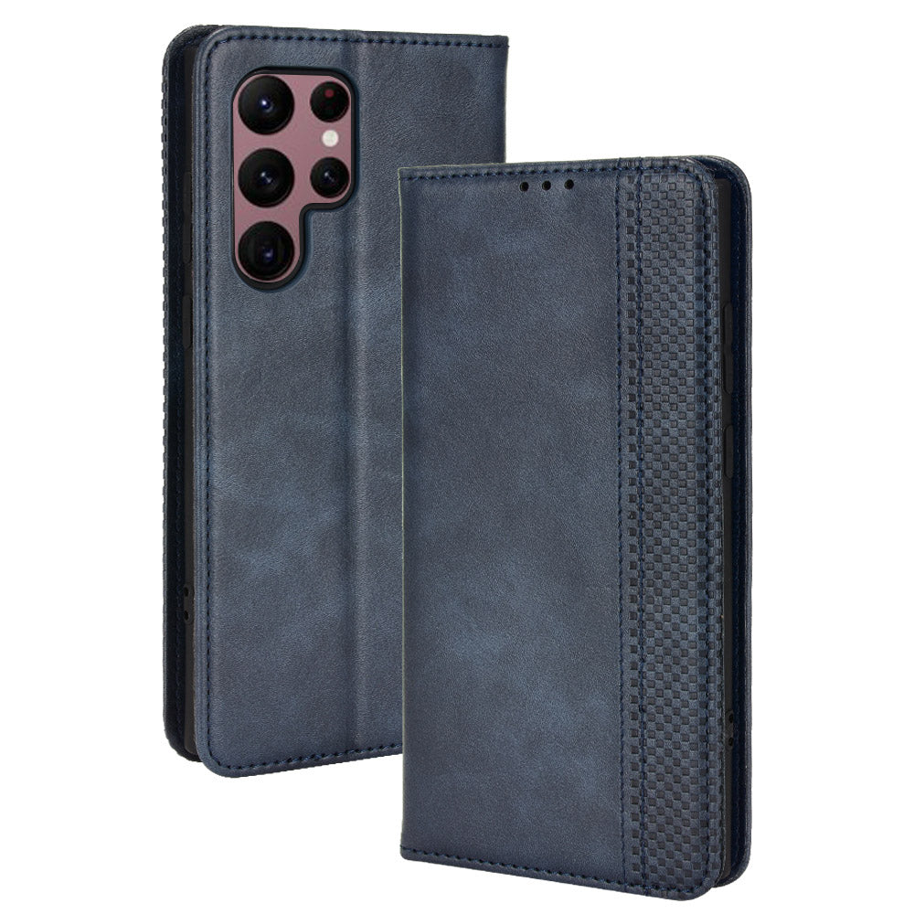 Retro Style Imprinted Leather Cover + TPU Inner Case Wallet Stand Phone Cover Cellphone Shell for Samsung Galaxy S22 Ultra 5G