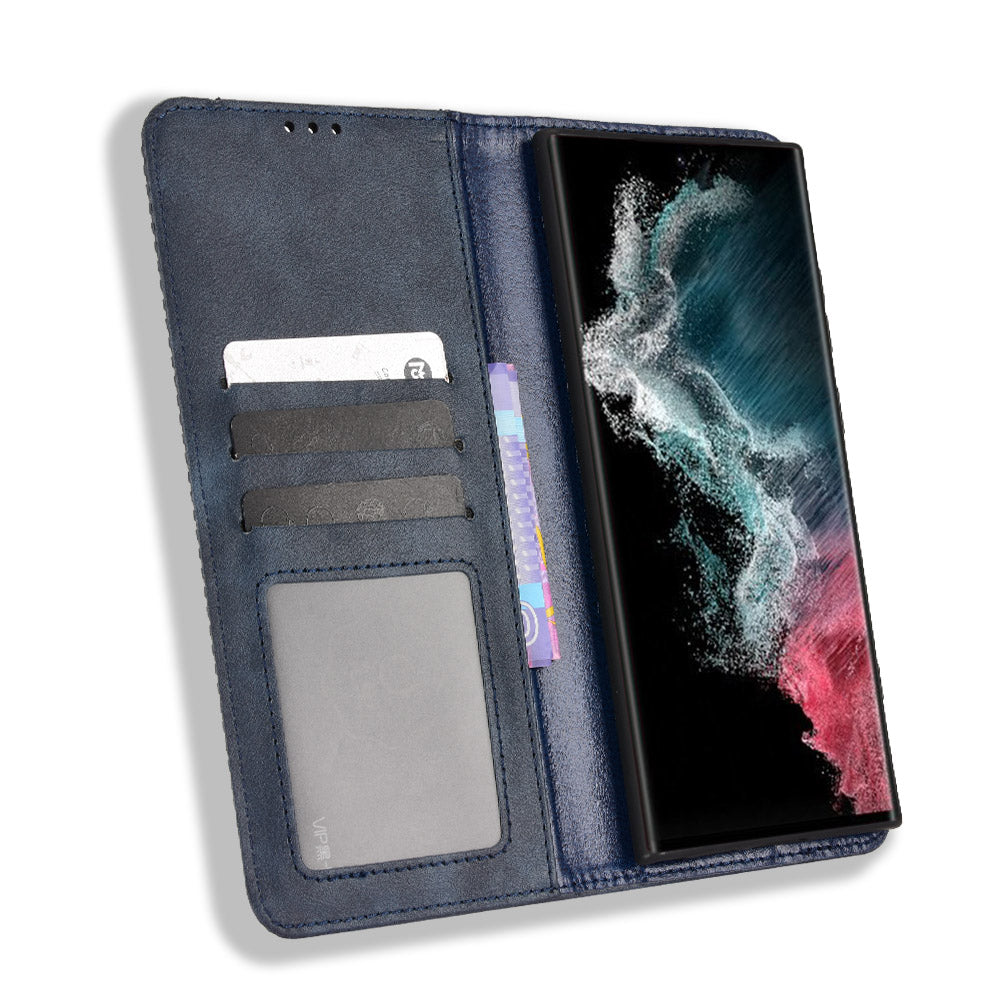 Retro Style Imprinted Leather Cover + TPU Inner Case Wallet Stand Phone Cover Cellphone Shell for Samsung Galaxy S22 Ultra 5G