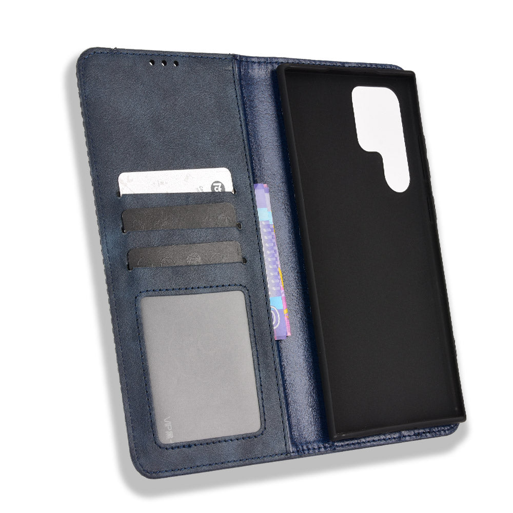 Retro Style Imprinted Leather Cover + TPU Inner Case Wallet Stand Phone Cover Cellphone Shell for Samsung Galaxy S22 Ultra 5G
