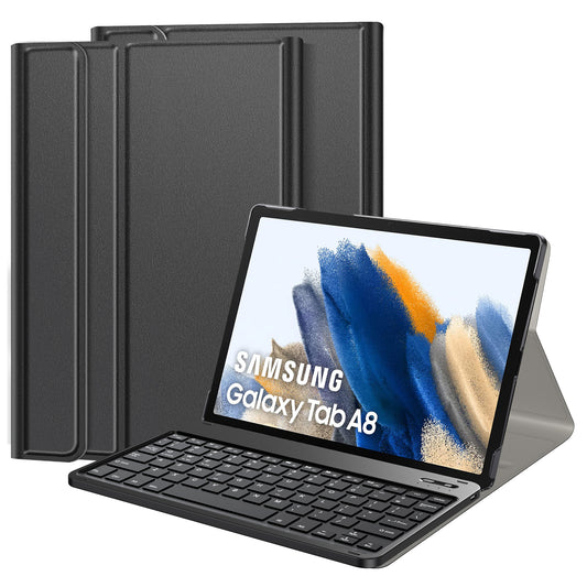 For Samsung Galaxy Tab A8 10.5 (2021) Front Support Keyboard Leather Case Set PU Leather Outter Cover + PC Bottom Case Bluetooth 5.0 Wireless Keyboard