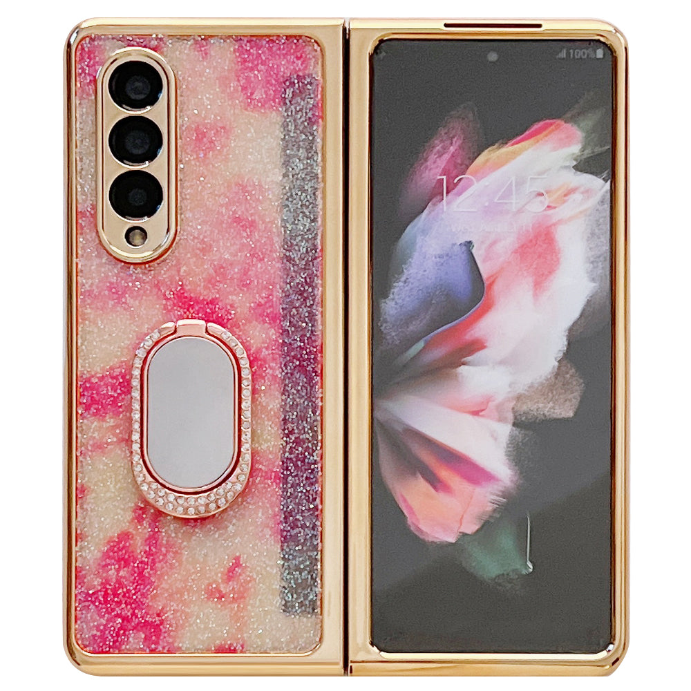 For Samsung Galaxy Z Fold3 5G Rhinestone Decor Ring Kickstand Hard PC Folding Phone Case Cover with Tempered Glass Screen Protector