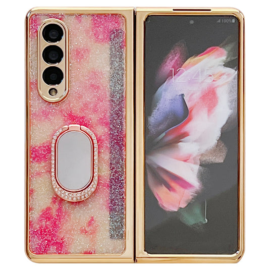 For Samsung Galaxy Z Fold3 5G Rhinestone Decor Ring Kickstand Hard PC Folding Phone Case Cover with Tempered Glass Screen Protector