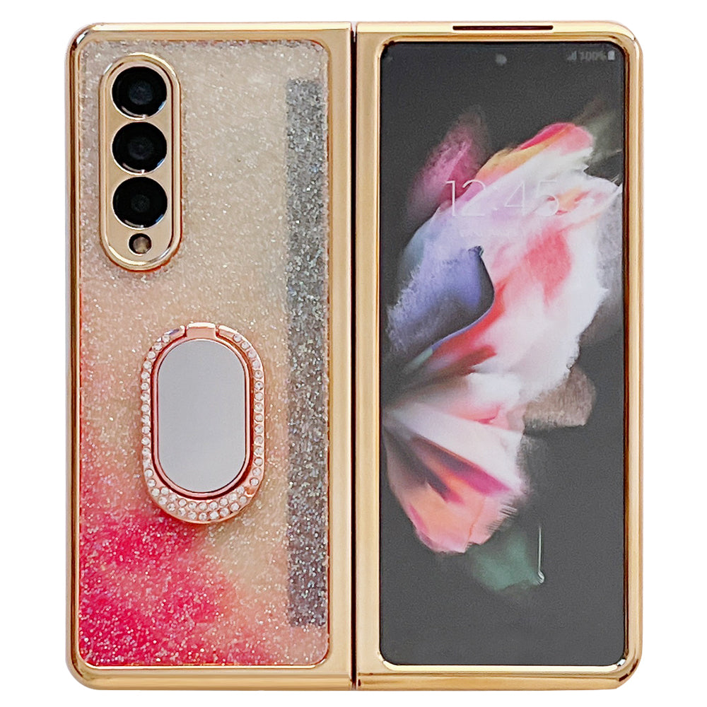 For Samsung Galaxy Z Fold3 5G Rhinestone Decor Ring Kickstand Hard PC Folding Phone Case Cover with Tempered Glass Screen Protector