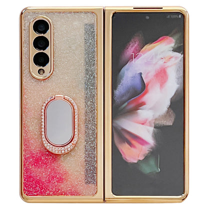 For Samsung Galaxy Z Fold3 5G Rhinestone Decor Ring Kickstand Hard PC Folding Phone Case Cover with Tempered Glass Screen Protector