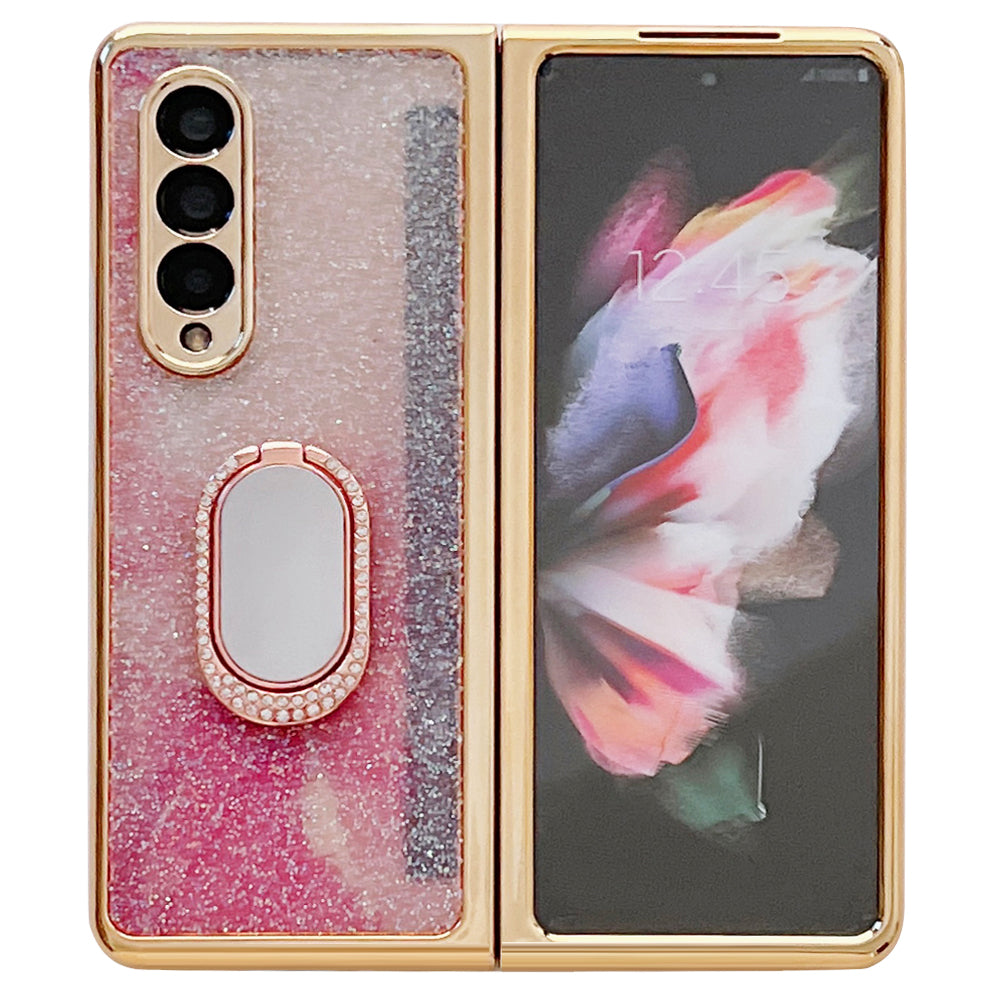 For Samsung Galaxy Z Fold3 5G Rhinestone Decor Ring Kickstand Hard PC Folding Phone Case Cover with Tempered Glass Screen Protector