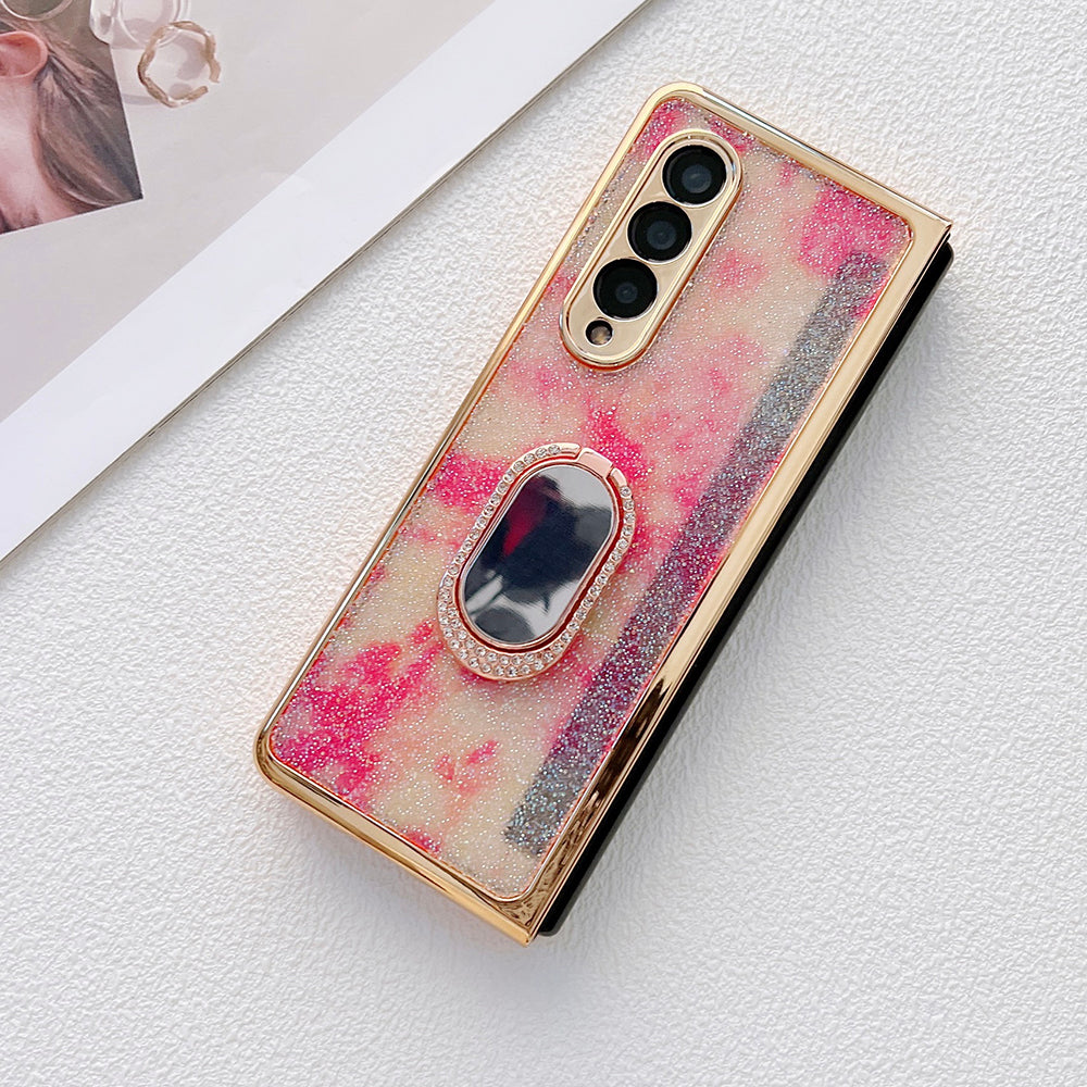 For Samsung Galaxy Z Fold3 5G Rhinestone Decor Ring Kickstand Hard PC Folding Phone Case Cover with Tempered Glass Screen Protector