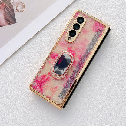 For Samsung Galaxy Z Fold3 5G Rhinestone Decor Ring Kickstand Hard PC Folding Phone Case Cover with Tempered Glass Screen Protector