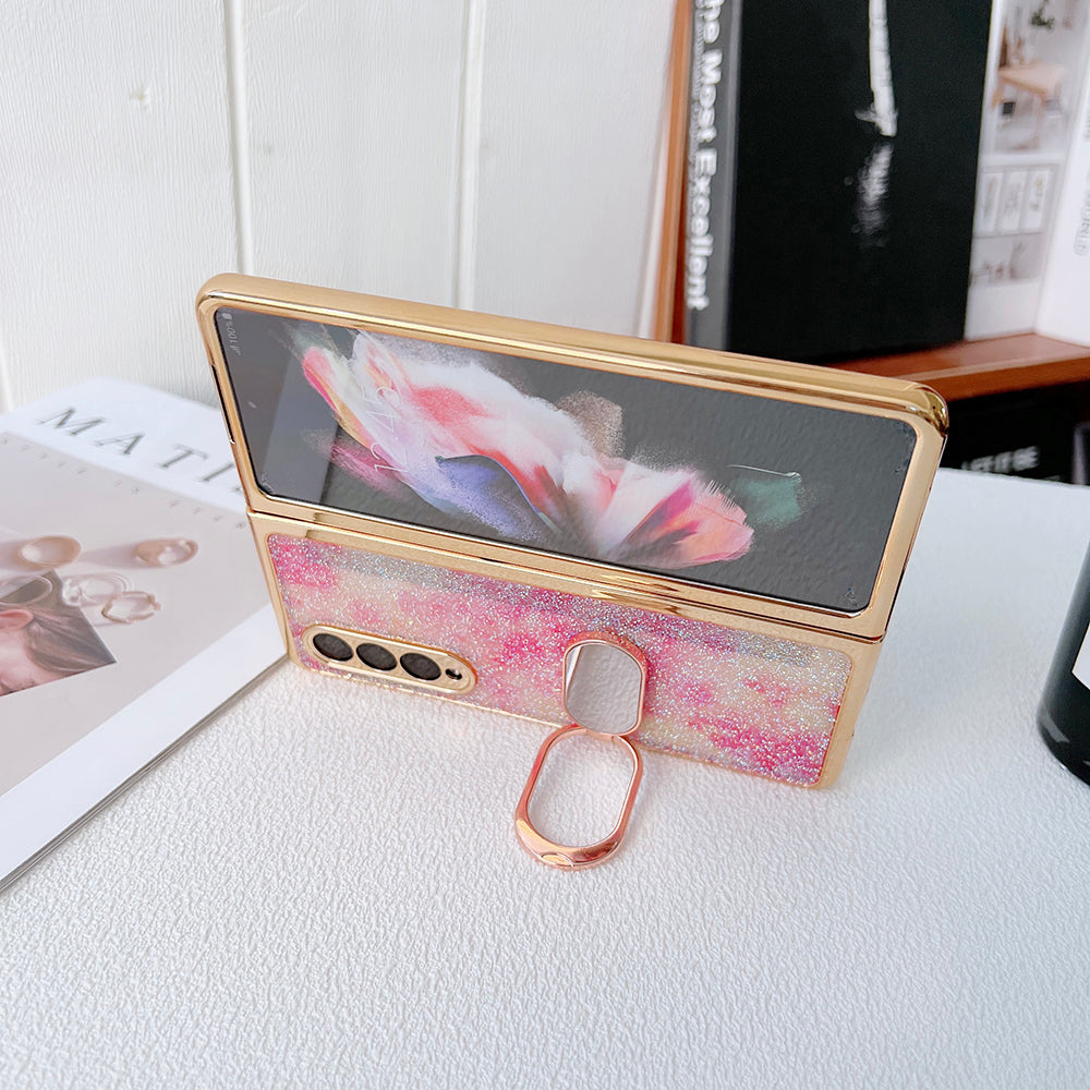 For Samsung Galaxy Z Fold3 5G Rhinestone Decor Ring Kickstand Hard PC Folding Phone Case Cover with Tempered Glass Screen Protector