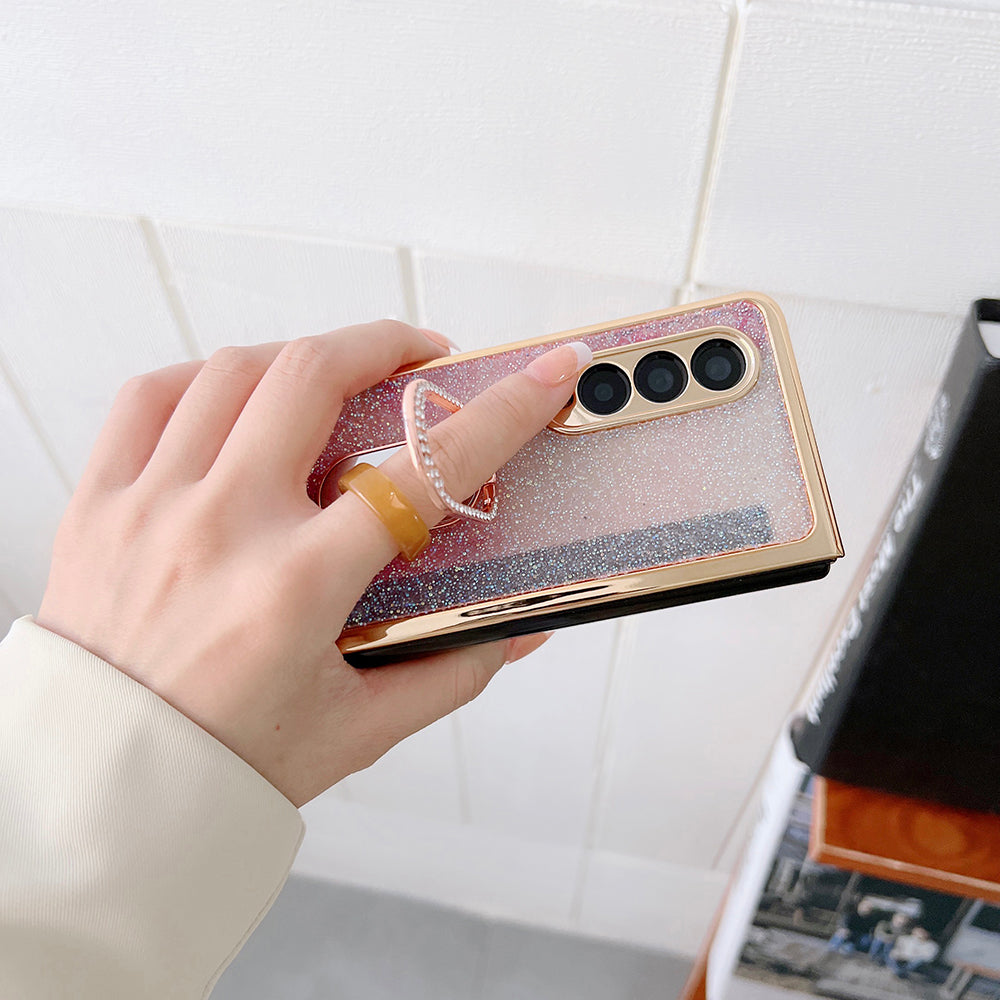 For Samsung Galaxy Z Fold3 5G Rhinestone Decor Ring Kickstand Hard PC Folding Phone Case Cover with Tempered Glass Screen Protector