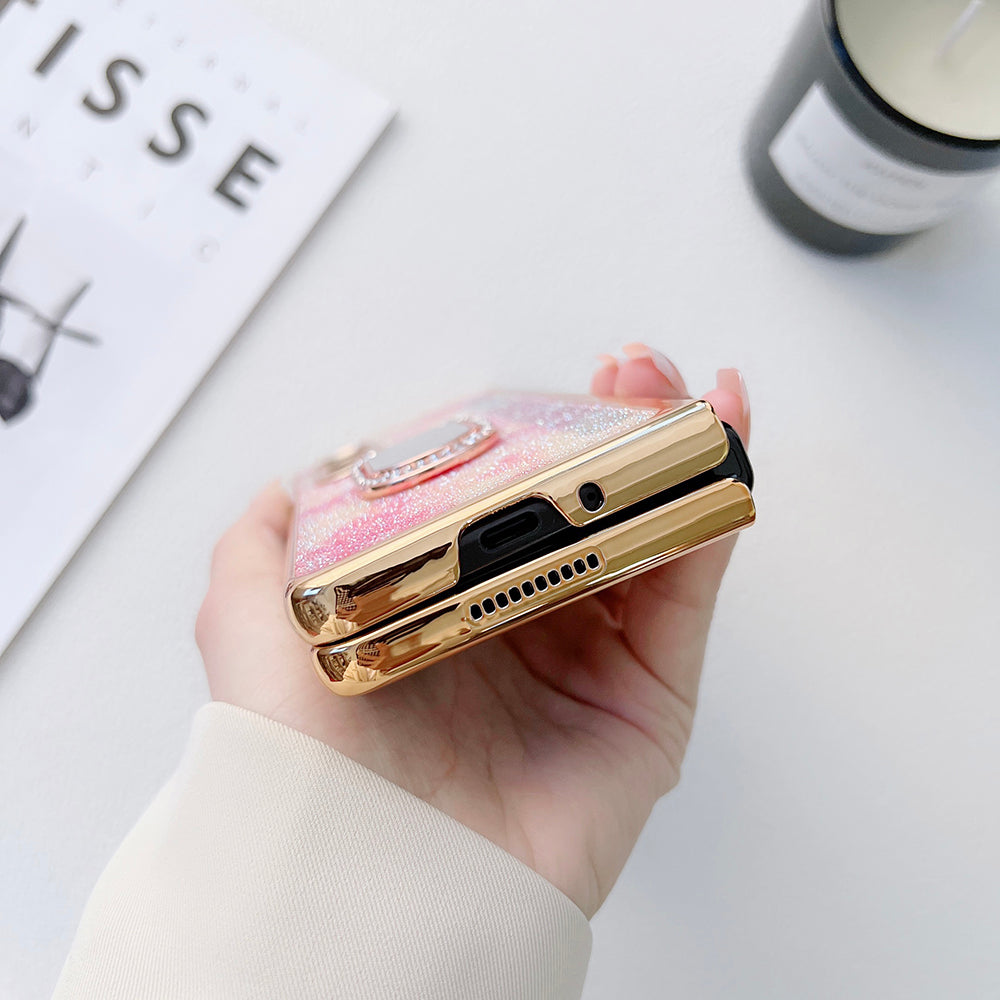 For Samsung Galaxy Z Fold3 5G Rhinestone Decor Ring Kickstand Hard PC Folding Phone Case Cover with Tempered Glass Screen Protector