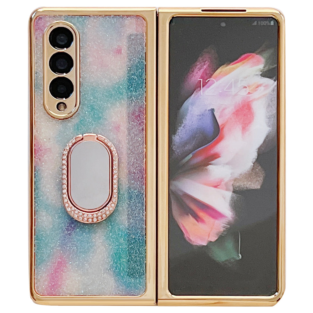 For Samsung Galaxy Z Fold3 5G Rhinestone Decor Ring Kickstand Hard PC Folding Phone Case Cover with Tempered Glass Screen Protector