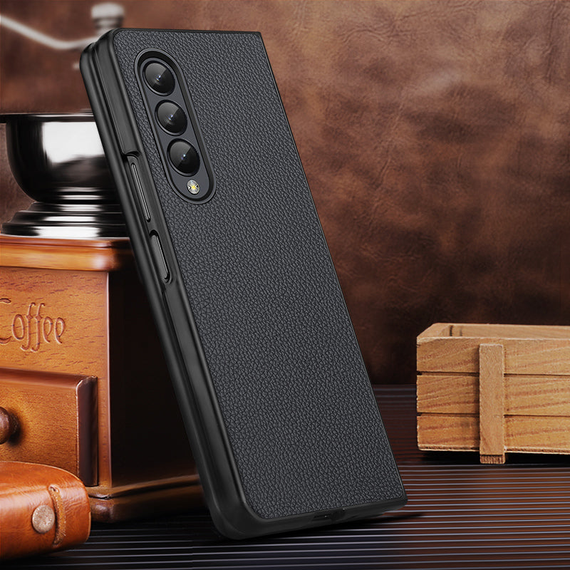 For Samsung Galaxy Z Fold3 5G/W22 5G Genuine Leather Coated Hard PC Shockproof Litchi Texture Folding Mobile Phone Cover