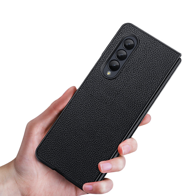 For Samsung Galaxy Z Fold3 5G/W22 5G Genuine Leather Coated Hard PC Shockproof Litchi Texture Folding Mobile Phone Cover