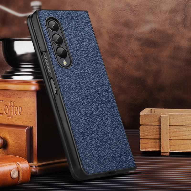 For Samsung Galaxy Z Fold3 5G/W22 5G Genuine Leather Coated Hard PC Shockproof Litchi Texture Folding Mobile Phone Cover