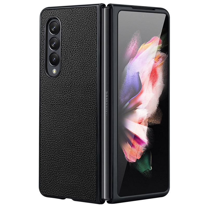 For Samsung Galaxy Z Fold3 5G/W22 5G Genuine Leather Coated Hard PC Shockproof Litchi Texture Folding Mobile Phone Cover