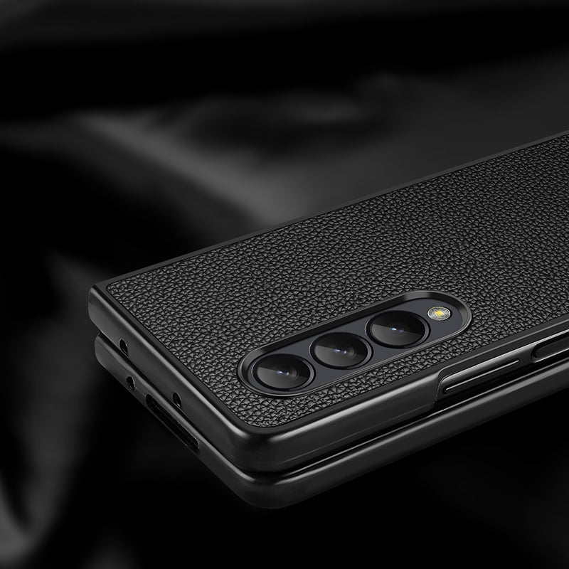 For Samsung Galaxy Z Fold3 5G/W22 5G Genuine Leather Coated Hard PC Shockproof Litchi Texture Folding Mobile Phone Cover