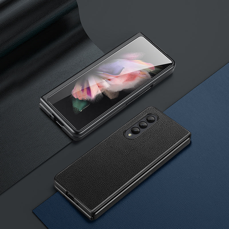 For Samsung Galaxy Z Fold3 5G/W22 5G Genuine Leather Coated Hard PC Shockproof Litchi Texture Folding Mobile Phone Cover