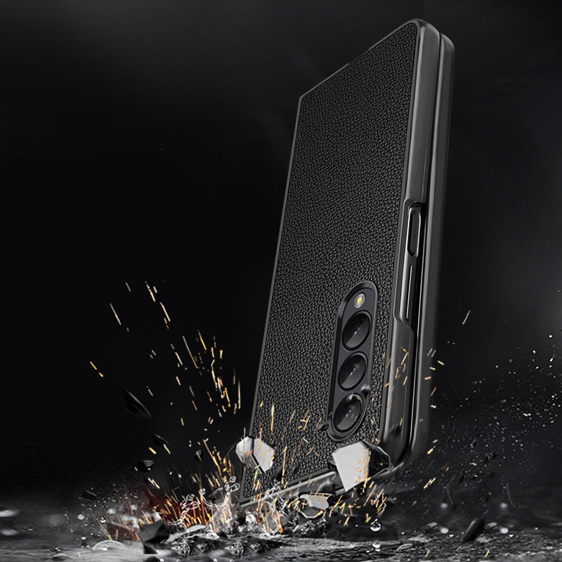 For Samsung Galaxy Z Fold3 5G/W22 5G Genuine Leather Coated Hard PC Shockproof Litchi Texture Folding Mobile Phone Cover