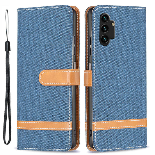 For Samsung Galaxy A13 4G Jeans Cloth Texture Soft PU Leather Color Matching Wallet Cover Flip Stand Case with Strap