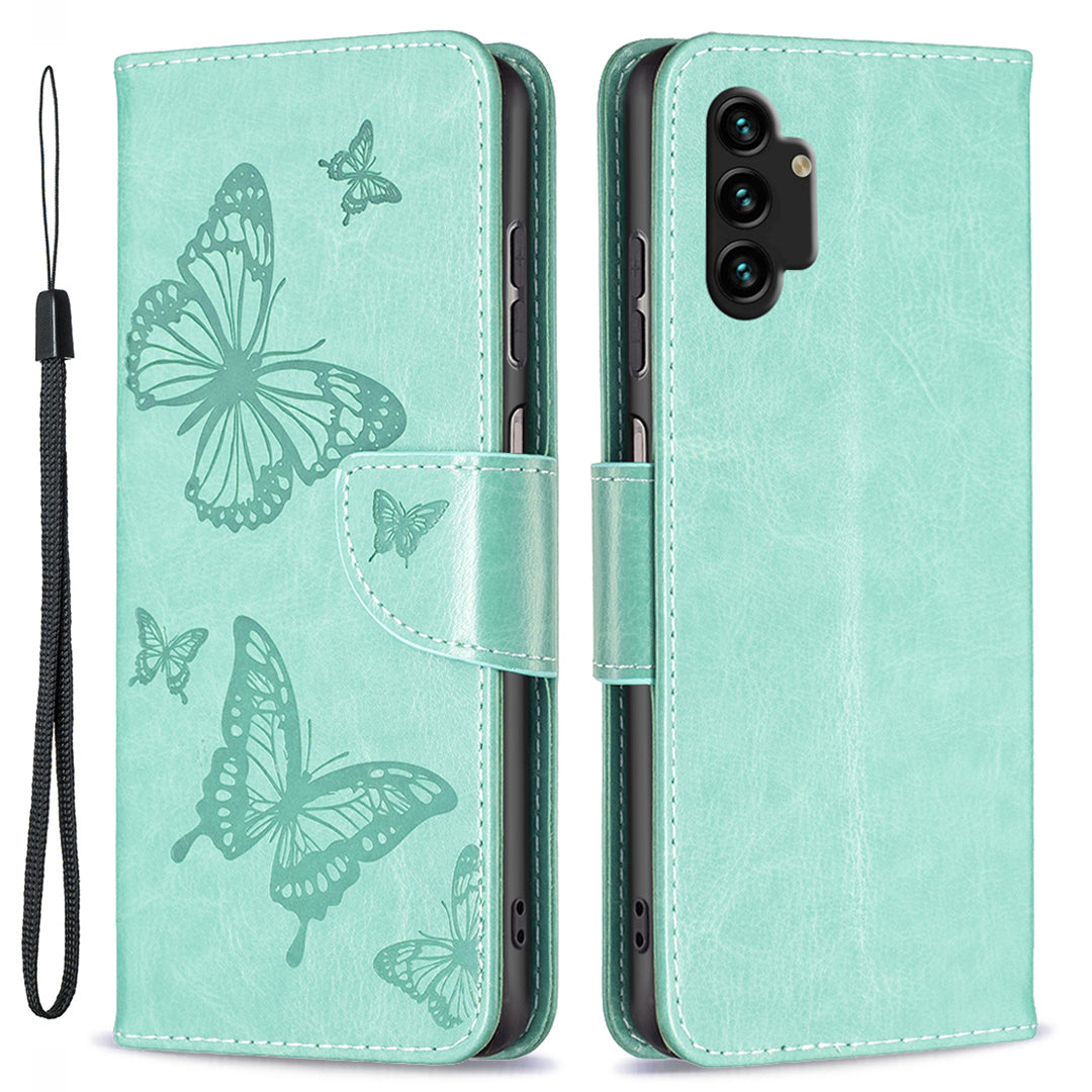 For Samsung Galaxy A13 4G Butterfly Imprinted PU Leather + TPU Phone Case Wallet Stand Cover with Wrist Strap