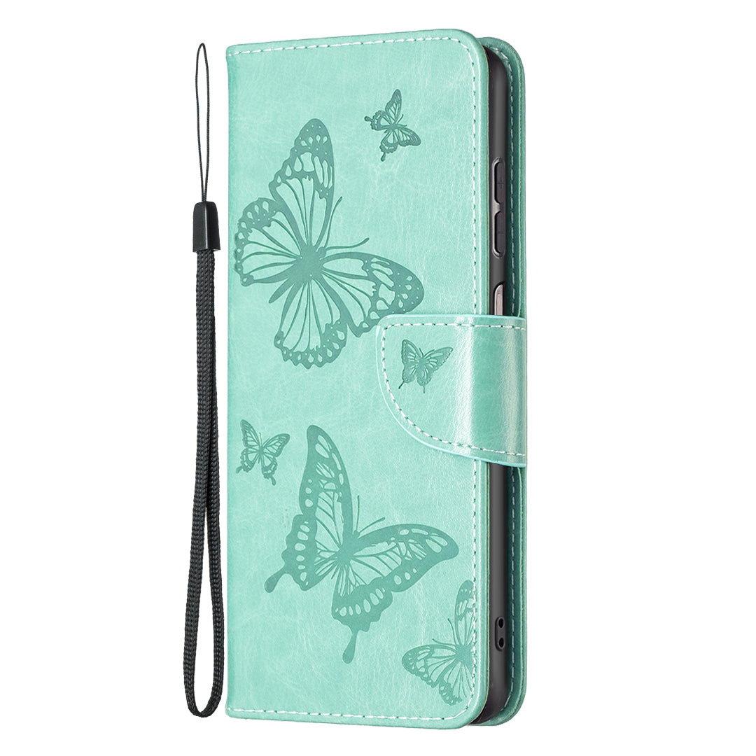 For Samsung Galaxy A13 4G Butterfly Imprinted PU Leather + TPU Phone Case Wallet Stand Cover with Wrist Strap