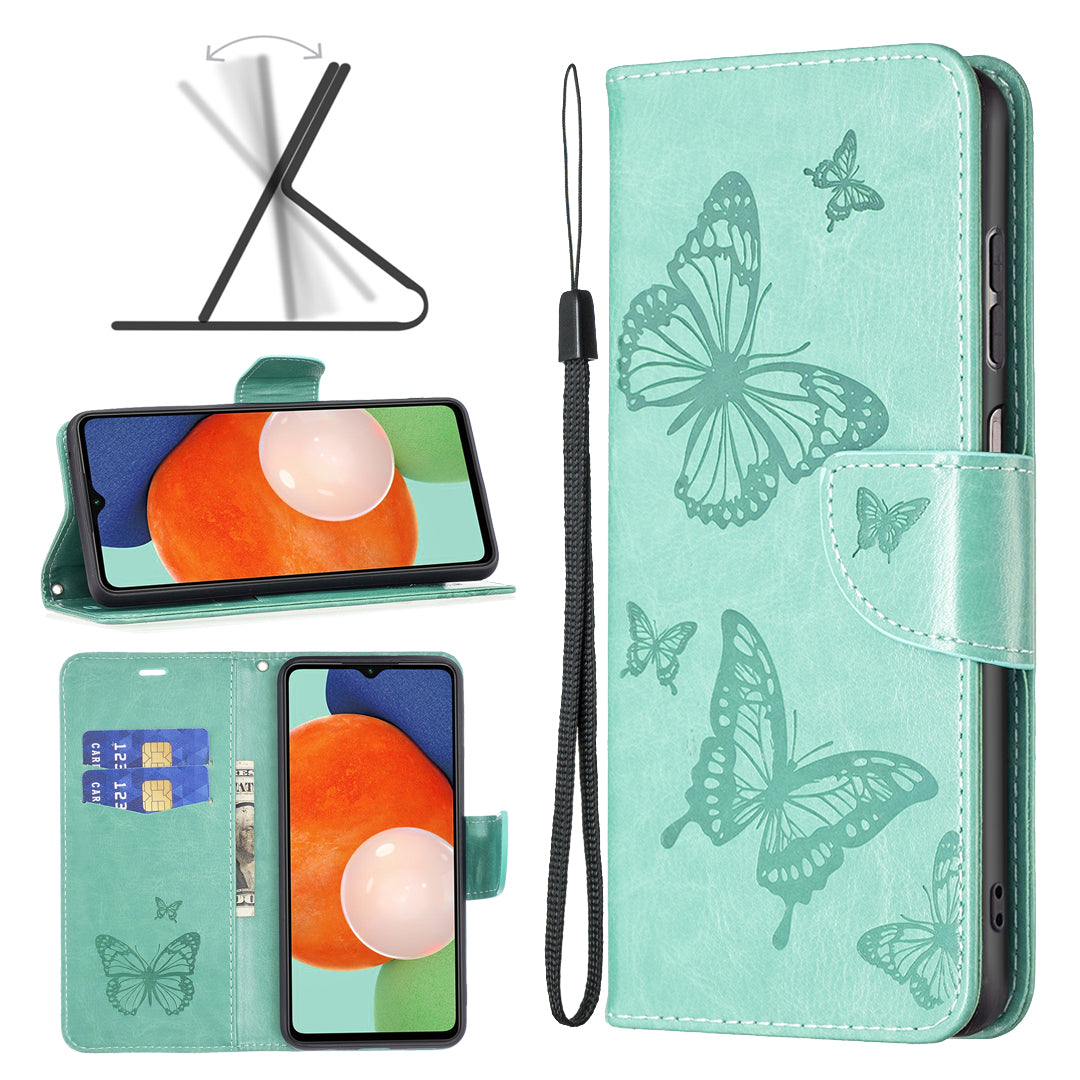 For Samsung Galaxy A13 4G Butterfly Imprinted PU Leather + TPU Phone Case Wallet Stand Cover with Wrist Strap