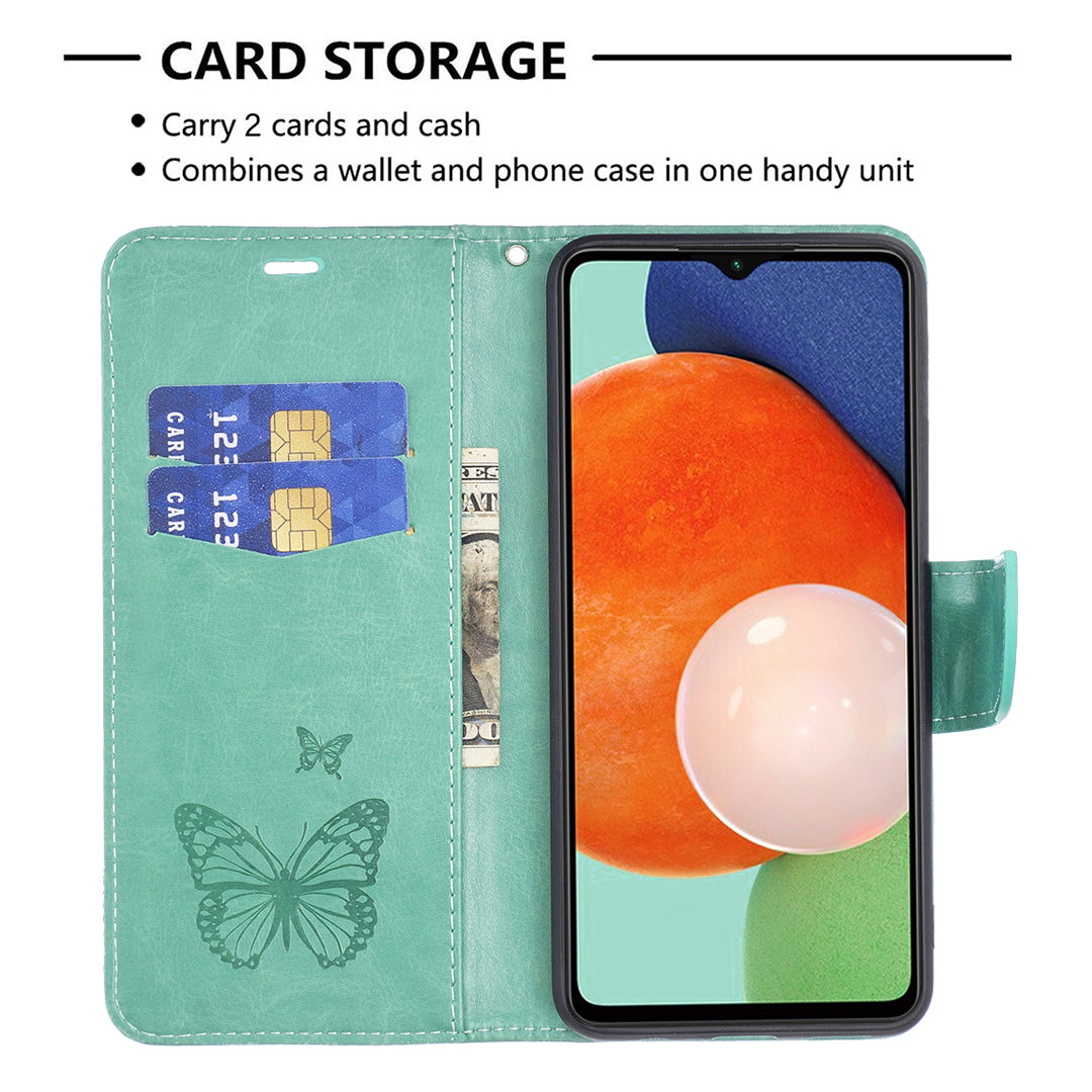 For Samsung Galaxy A13 4G Butterfly Imprinted PU Leather + TPU Phone Case Wallet Stand Cover with Wrist Strap